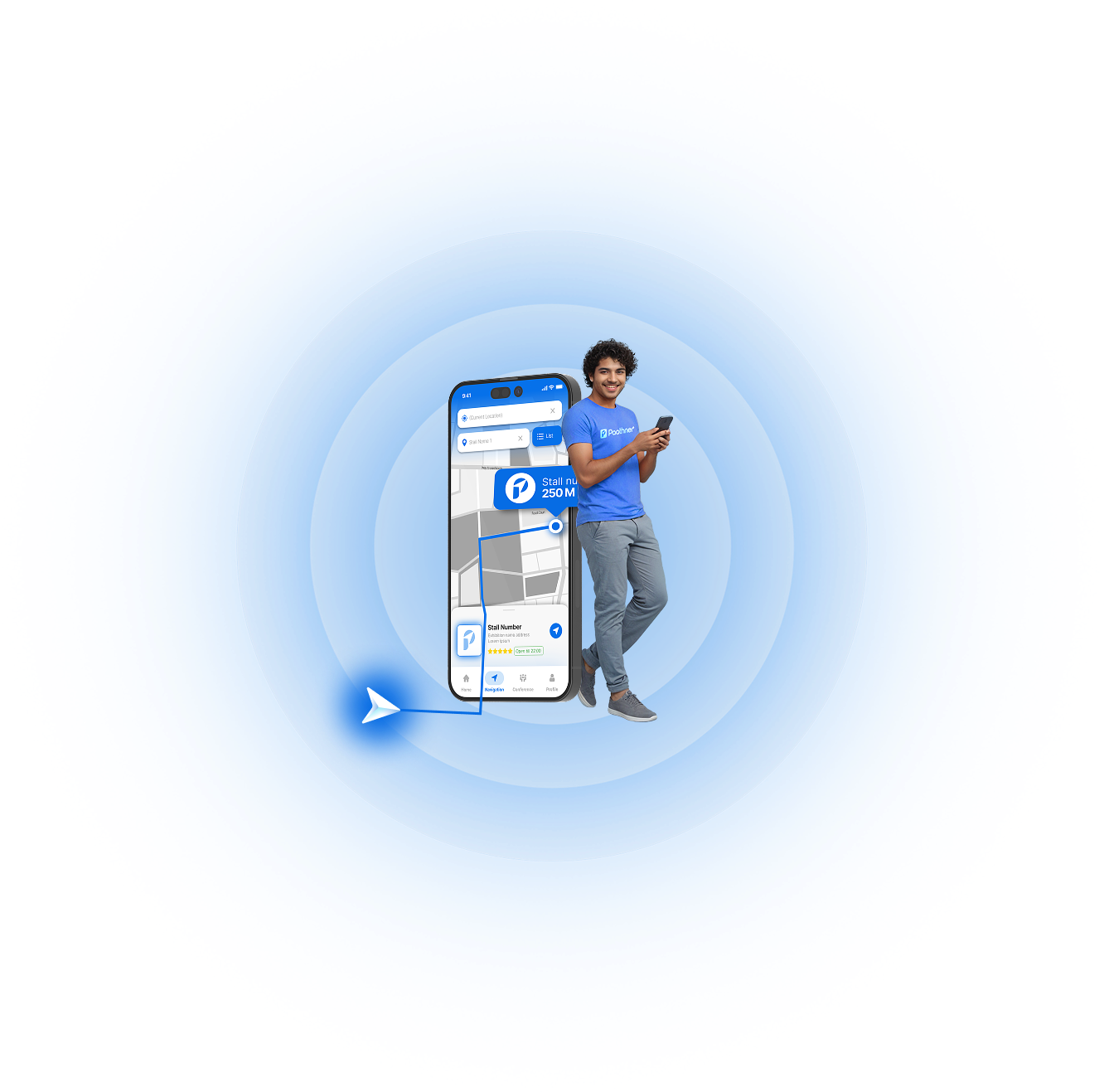 A man in a blue shirt stands beside a smartphone displaying the Paathner app's indoor navigation map.